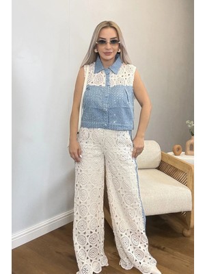 Muna Boutique Bohem Mavi Güpür Detaylı Astarlı Yelek ve Geniş Paça Pantolon Kadın Alt Üst Takım