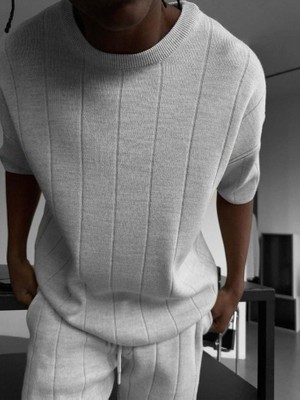 Elku Moda Erkek Yarım Oversize Triko Şort Tişört Takımı Çizgili Örme Bisiklet Yaka Yazlık Alt Üst Set