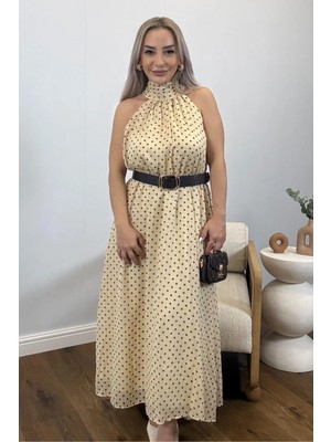 Muna Boutique Muxa Bej Kahve Puantiyeli Boğazdan Düğme Detaylı Astarlı Kadın Elbise