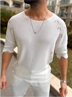 Elku Moda Yırtık Detaylı Tişört Lazer Kesim Tshirt Oversize Salaş Bisiklet Yaka Tişört