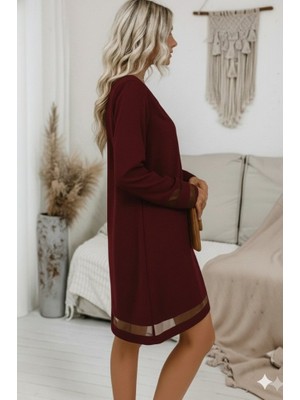 Modi Green Modig Kadın Uzun Kollu V Yakalı Tül Şerit Detaylı Mini Krep Elbise