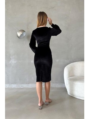 Modi Green Modig Kadın Kadife Kumaş Kruvaze Yaka Balon Kol ve Yırtmaç Detaylı Midi Boy Elbise