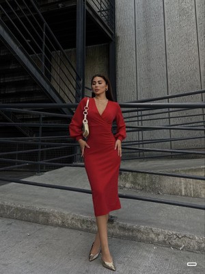 Modi Green Modig Kadın Kruvaze Yaka Balon Kol Simli Krep Kumaş Midi Boy Elbise