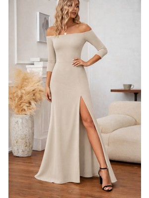 Modi Green Modig Kadın Uzun Kollu Madonna Yakalı Yırtmaç Detaylı Uzun Ithal Krep Elbise