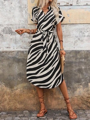 Modi Green Modig Kadın Kısa Kollu V Hakim Yakalı Zebra Desenli Midi Süprem Elbise