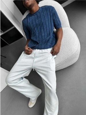 Elku Moda Vintage Görünümlü Bisiklet Yaka Triko Relaxed Fit Asit Yıkama Örme Tişört