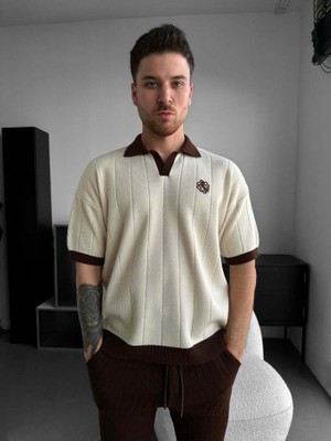 Elku Moda Erkek Oversize Çizgili Triko Polo Yaka Tişört Old Money Stil Örme Polo T-Shirt