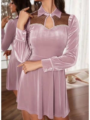 Modi Green Modig Kadın Uzun Kollu Yakalı Tül Detaylı Incili Mini Kadife Elbise