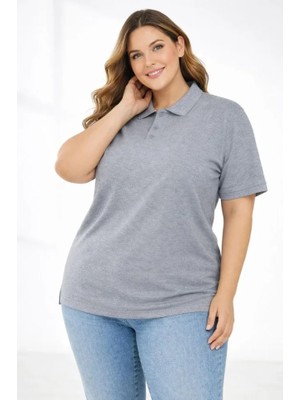 Modi Green Modig Pike Kumaş Düğmeli Yaka Battal Büyük Beden Günlük Kısa Kol Tişört Tshirt  Gri