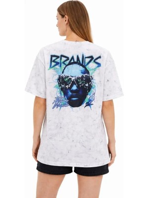 Modi Green Modig Asit Yıkamalı Oversize Tişört Future Worlds Baskılı Bisiklet Yaka Kısa Kollu Streetwear %100 Pamuk Street Style Tshirt  Beyaz