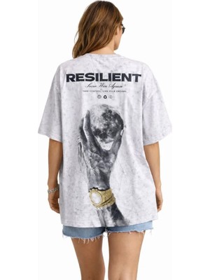 Modi Green Modig Asit Yıkamalı Oversize Tişört Ön ve Arkası Baskılı %100 Pamuk Street Style Tshirt  Beyaz