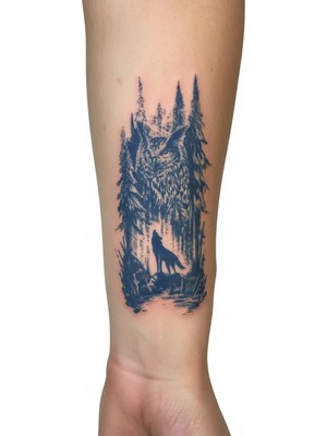 Airbrush Tattoo Bozkurt ve Baykuş 1 Ay Kalıcı Geçici Dövme Yapıştırma Dövme