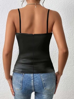 Modi Green Modig Kadın Ip Askılı Geniş V Yakalı Deri Bluz