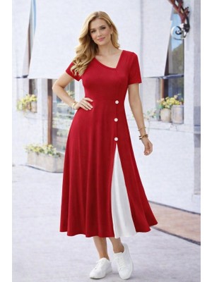 Modi Green Modig Kadın Kısa Kollu Asimetrik Yakalı Düğme Detaylı Midi Viskon Elbise