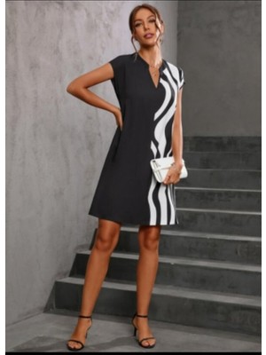 Modi Green Modig Kadın Dokuma Viskon Kumaş V Yaka Zebra Desenli Elbise