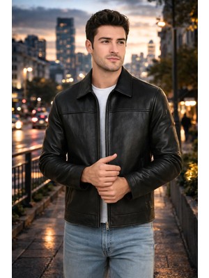 Derije Donald Hakiki Deri Erkek Siyah Basic Ceket