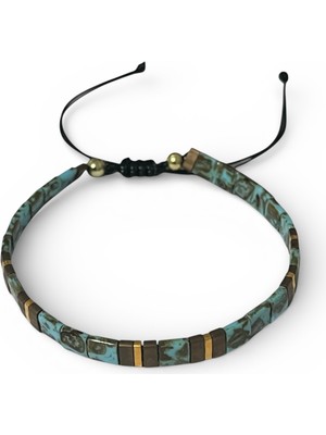 DEHNA El Yapımı Turkuaz Antik Sarı Altın Sarısı Tila Boncuk Bileklik – Ayarlanabilir, Unisex