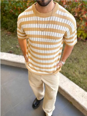 Elku Moda T-Shirt Nefes Alabilen Natural Pamuk  Tshirt Terletmez Kumaş Oversize Örme Çizgili Tişört