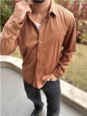 Elku Moda Gömlek Oversize Fitilli Kadife Salaş Gömlek Dik Yaka