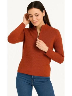 Modi Green Modig Kadın Yarım Fermuarlı Triko Kazak – Selanik Örgü Dik Yaka Pamuklu Dokuma Oversize Uzun Kollu Kışlık Model  Kiremit