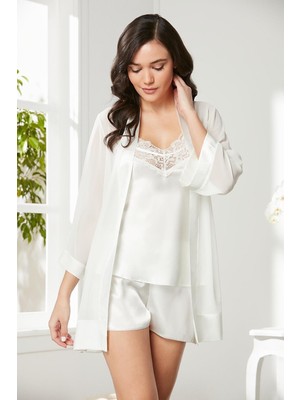 Pierre Cardin Ekru 3'lü Saten Dantelli Şort ve Şifon Dantelli Sabahlık Takımı 2475