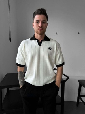Elku Moda Erkek Oversize Çizgili Triko Polo Yaka Tişört Old Money Stil Örme Polo T-Shirt