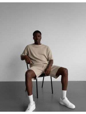 Elku Moda Erkek Yarım Oversize Triko Şort Tişört Takımı Çizgili Örme Bisiklet Yaka Yazlık Alt Üst Set