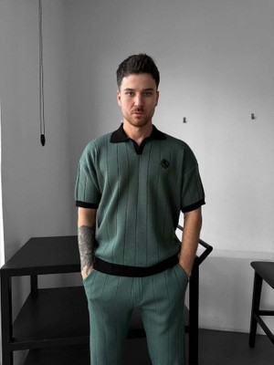 Elku Moda Erkek Oversize Çizgili Triko Polo Yaka Tişört Old Money Stil Örme Polo T-Shirt