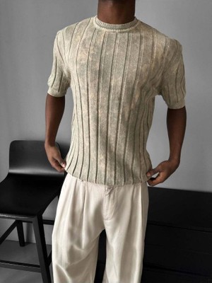 Elku Moda Vintage Görünümlü Bisiklet Yaka Triko Relaxed Fit Asit Yıkama Örme Tişört