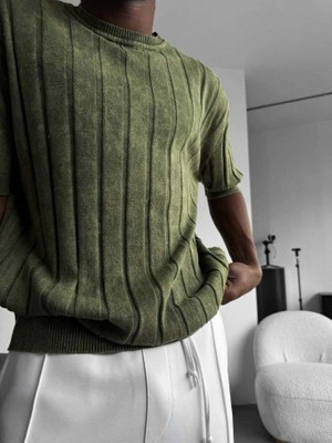 Elku Moda Vintage Görünümlü Bisiklet Yaka Triko Relaxed Fit Asit Yıkama Örme Tişört