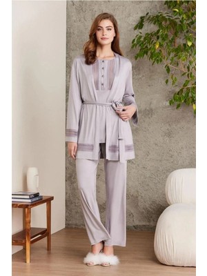 Pierre Cardin 2800 Kadın Royal Dantelli Penye 3'lü Sabahlıklı Pijama Takım