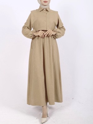 Modamorfo Üstü Gömlek Detaylı Kolu ve Beli Lastikli Elbise -Vizon