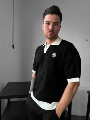 Elku Moda Erkek Oversize Çizgili Triko Polo Yaka Tişört Old Money Stil Örme Polo T-Shirt