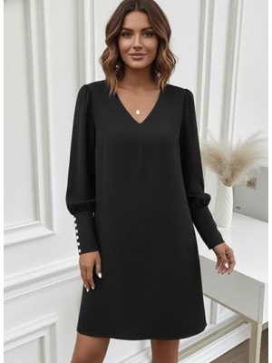 Modi Green Modig Kadın Uzun Kollu V Yakalı Kısa Ithal Krep Elbise