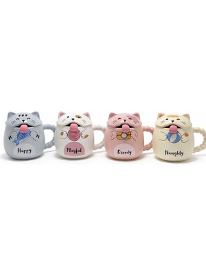 Buğz Özel Tasarım 3D Kedi Figürlü Kapaklı Kaşıklı Kupa Bardak ALK5029