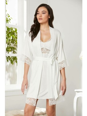 Pierre Cardin Penye Dantelli Gecelik Sabahlık Takım 4020 Ekru