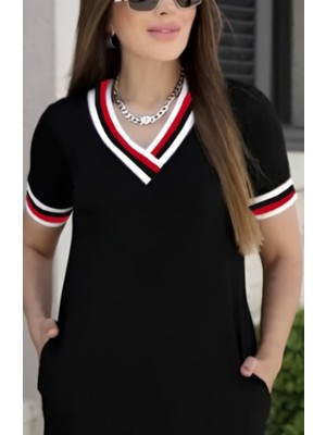 Modi Green Modig Kadın Kısa Kollu V Yaka Ribana Detay Midiboy Viskon Elbise