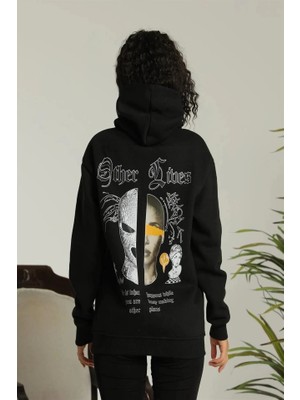 Modi Green Modig Oversize Üç Iplik Kapüşonlu Sweatshirt – Siyah “other Lives” Ön ve Arka Baskılı Şardonlu Kışlık Rahat Günlük Model Siiyah
