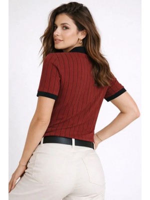 Modi Green Modig Polo Yaka Çizgili Tişört Kısa Kol Düğmeli Yazlık Tshirt  Bordo