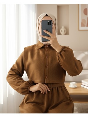 Modamorfo Üstü Gömlek Detaylı Kolu ve Beli Lastikli Elbise -Taba