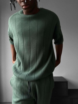 Elku Moda Erkek Yarım Oversize Triko Şort Tişört Takımı Çizgili Örme Bisiklet Yaka Yazlık Alt Üst Set