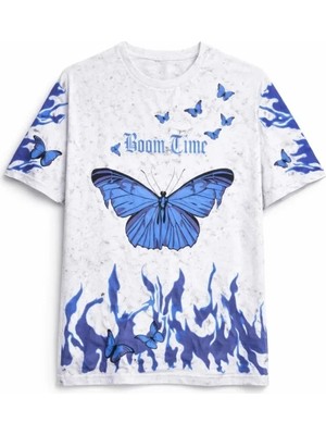 Modi Green Modig Asit Yıkamalı Oversize Tişört Mavi Kelebek Baskılı Dijital Print Bisiklet Yaka Streetwear Tshirt  Beyaz