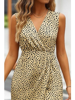 Modi Green Modig Kadın Sıfır Kol Kruvaze Yaka Önden Çapraz Kesim Detaylı Desenli Oysho Süprem Elbise