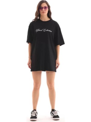 Modi Green Modig Unisex Bisiklet Yaka Baskılı Oversize Tshirt  Siyah