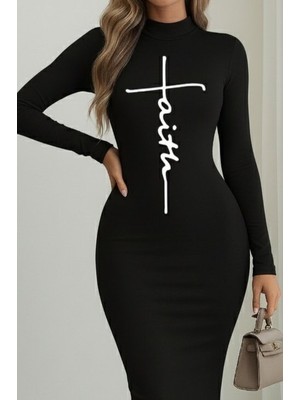 Modi Green Modig Kadın Uzun Kollu Boğazlı Baskı Detaylı Viskon Tam Boy Elbise