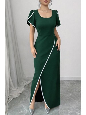 Modi Green Modig Kadın Kısa Kollu Kare Yakalı Önden Çapraz Kesim Detaylı Krep Elbise