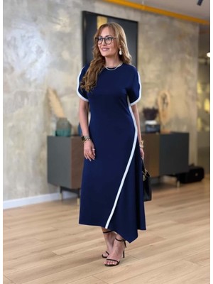 Modi Green Modig Kadın Kısa Kollu Bisiklet Yaka Çift Şerit Renk Detaylı Asimetrik Kesim Viskon Iki Iplik Elbise