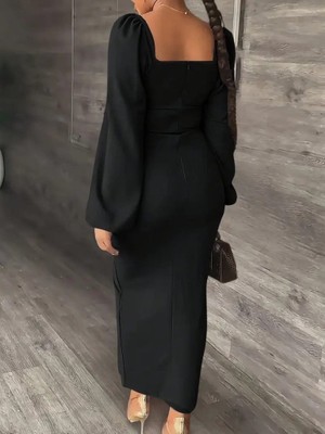 Modi Green Modig Kadın Uzun Kollu Geometrik Yakalı Yandan Yırtmaçlı Uzun Janjan Krep Elbise