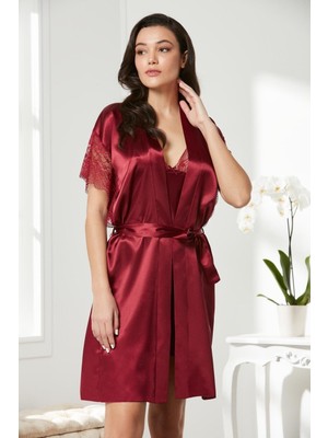Pierre Cardin Bordo Saten Dantelli Gecelik Sabahlık Takım 4438
