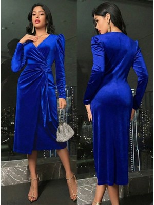 Modi Green Modig Kadın Uzun Kollu Kruvaze Yakalı Yandan Büzgülü Midi Kadife Elbise